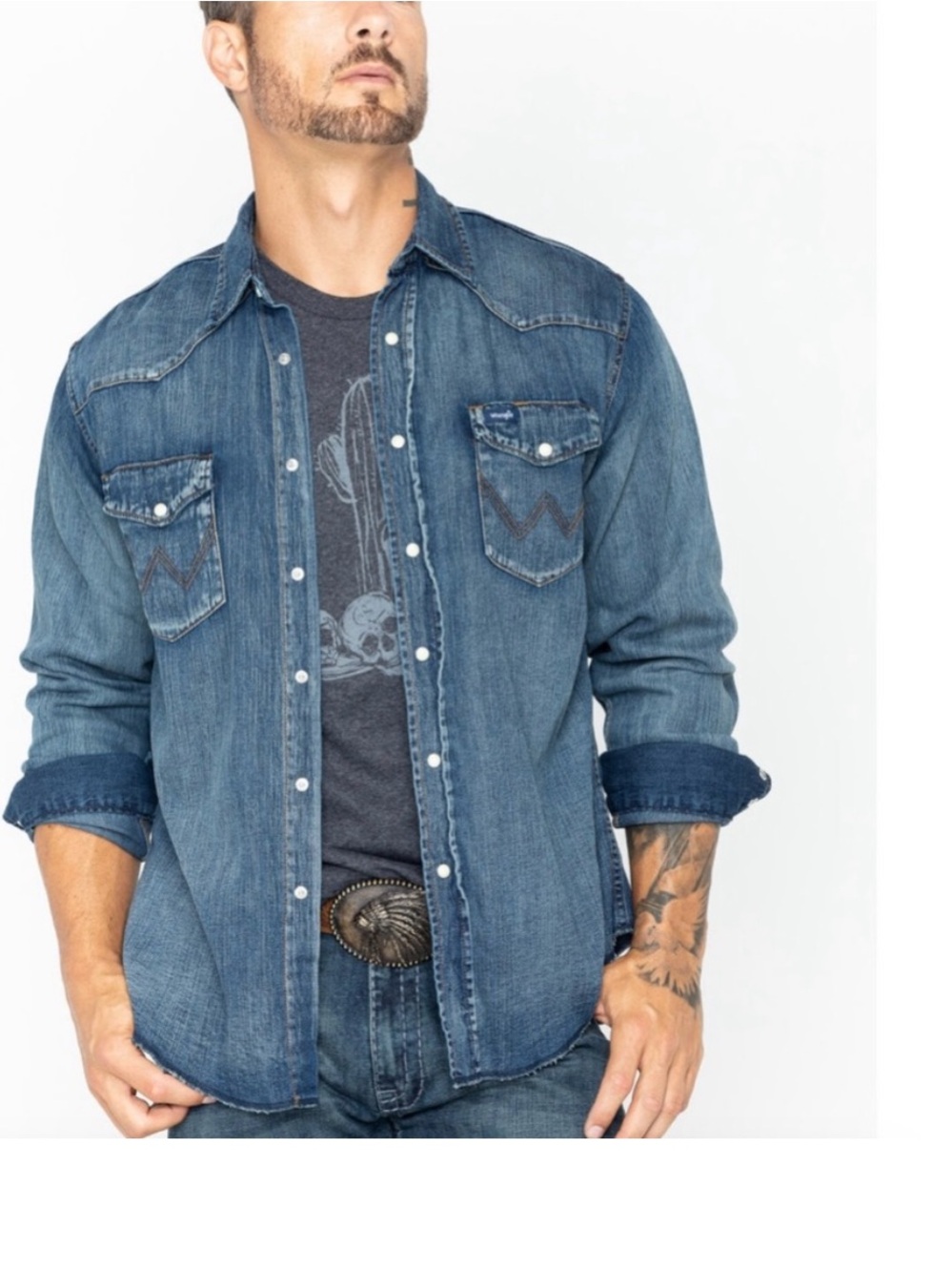 WRANGLER Slub Denim Long Sleeve Work Shirt Pearl Snap Men’s Size Large